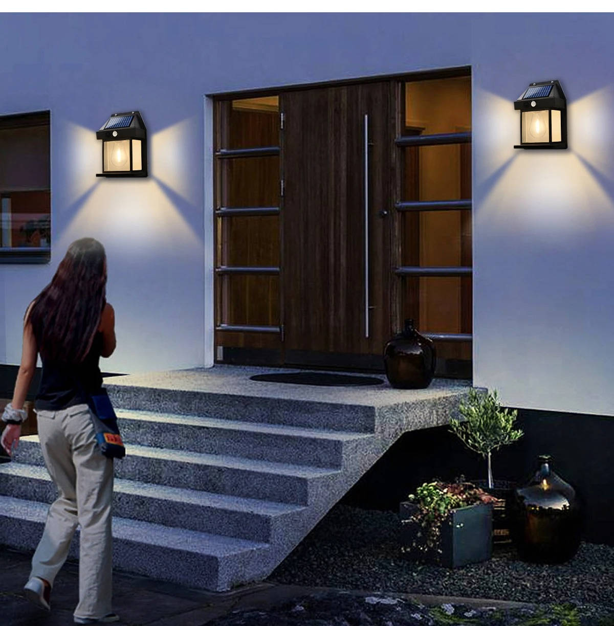 Motion-Activated Solar Outdoor Sconce with 3 Brightness Settings – Weatherproof Garden Security Light – 2-Pack | Thomler