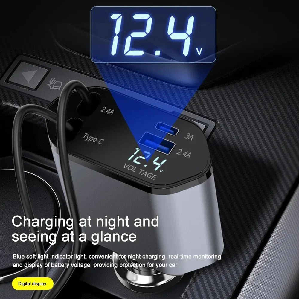 Dual-Cable 120W Vehicle Power Adapter with Voltage Monitor & Rotating Head | Thomler