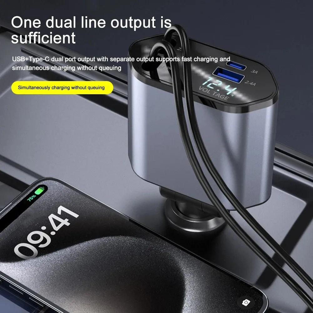 Dual-Cable 120W Vehicle Power Adapter with Voltage Monitor & Rotating Head | Thomler