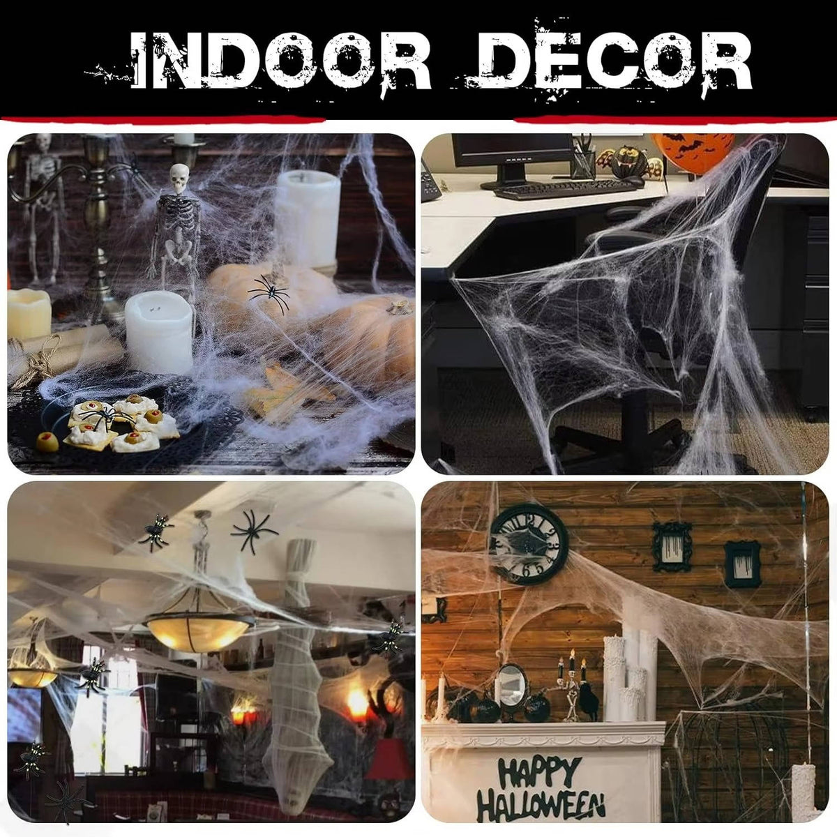 Stretchable Cobweb Set with 9 Plastic Spiders for Indoor & Outdoor Halloween Display – Covers 200 Sq Ft – Reusable Synthetic Web Material | Thomler
