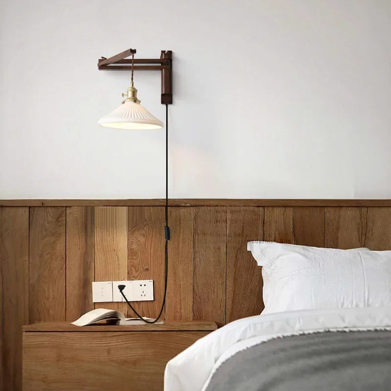 Swing Arm Ceramic Wall Sconce with Wood Bracket and Knob Switch for Bedroom Hallway Reading Nook Vintage Plug-In Lighting | Thomler