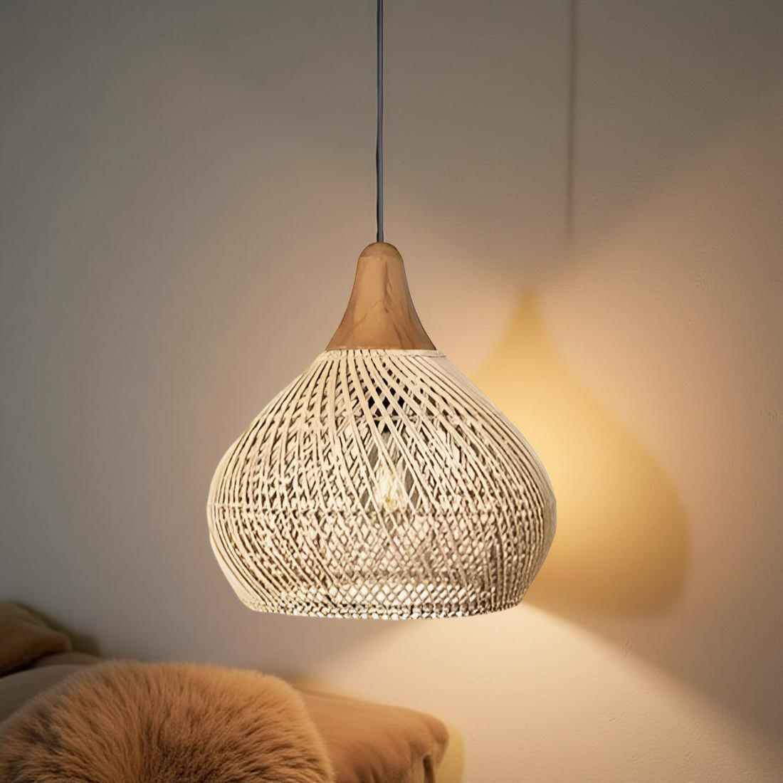 Pendant Light Rattan 19.7 in Handwoven Natural Dining Room Kitchen Island Hanging Ceiling Lamp Boho Rustic Organic | Thomler