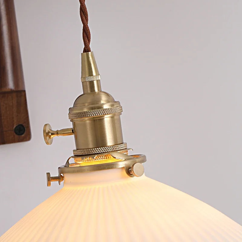 Swing Arm Ceramic Wall Sconce with Wood Bracket and Knob Switch for Bedroom Hallway Reading Nook Vintage Plug-In Lighting | Thomler