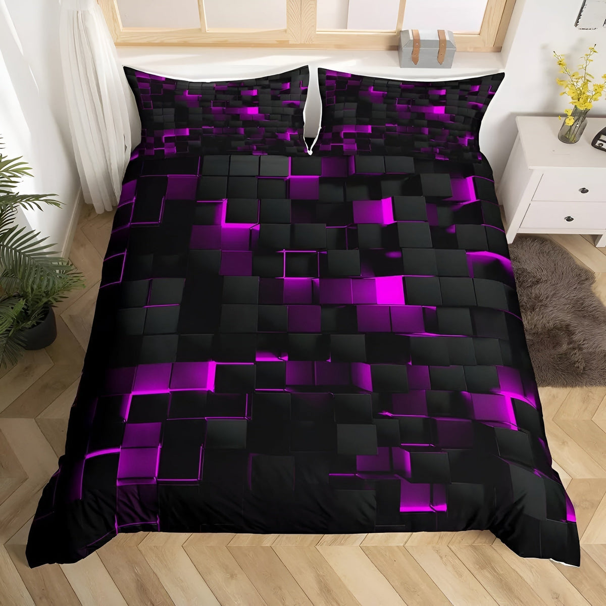 Neon Grid Comforter Cover Set with Pillowcases – 3D Geometric Cyberpunk Bedding for Modern Bedroom Decor – Breathable Microfiber | Thomler