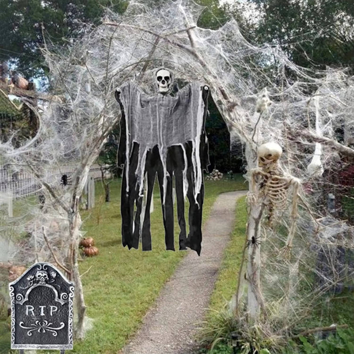 Stretchable Cobweb Set with 9 Plastic Spiders for Indoor & Outdoor Halloween Display – Covers 200 Sq Ft – Reusable Synthetic Web Material | Thomler