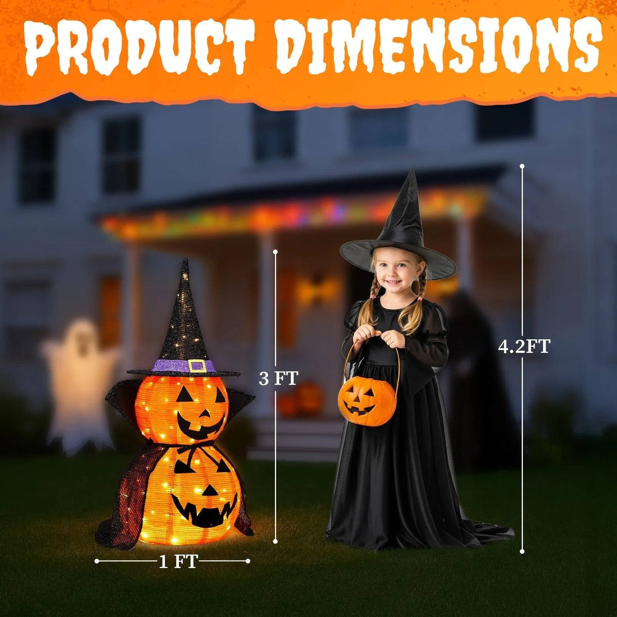 Glowing 3 ft LED Jack-O'-Lantern with Wizard Hat – Set of 2 Foldable Outdoor Halloween Yard Figures for Lawn, Porch & Indoor Party Displays | Thomler