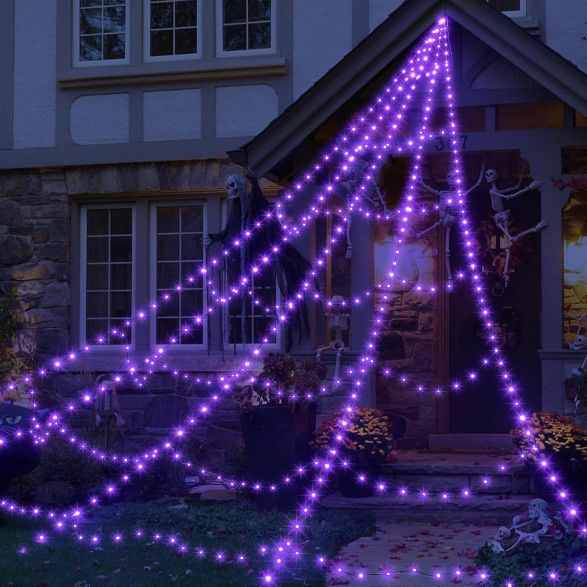 16 ft Illuminated Web Decoration with 455 LEDs, 8 Modes & Remote Control for Halloween | Thomler