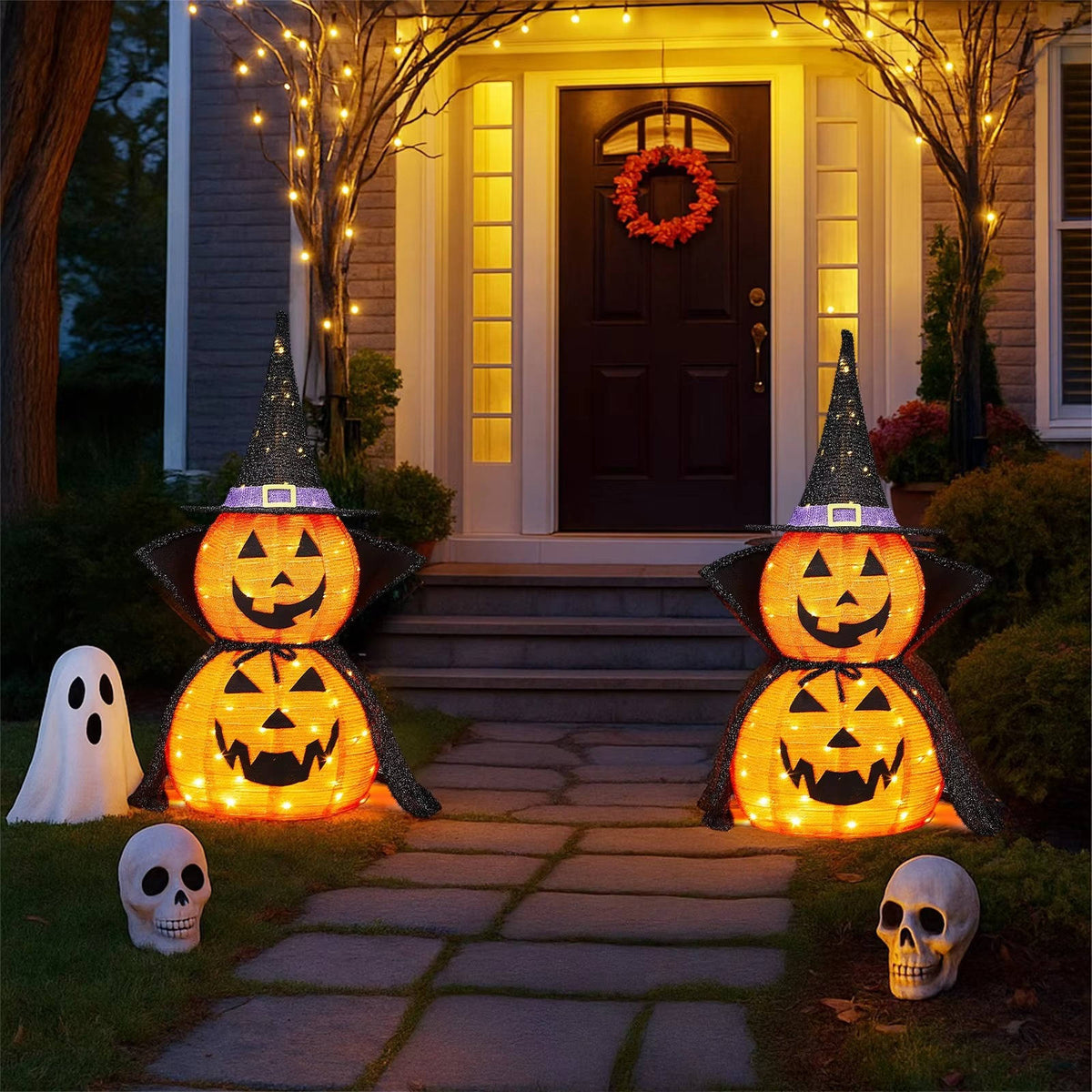 Glowing 3 ft LED Jack-O'-Lantern with Wizard Hat – Set of 2 Foldable Outdoor Halloween Yard Figures for Lawn, Porch & Indoor Party Displays | Thomler