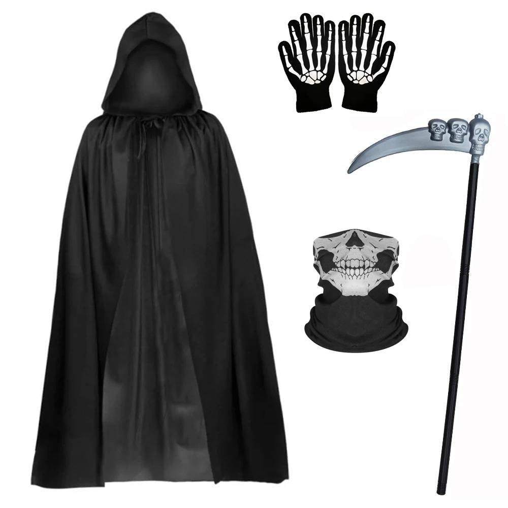 Hooded Reaper Costume with Light-Up Eyes & Glowing Skeleton Gloves for Halloween | Thomler