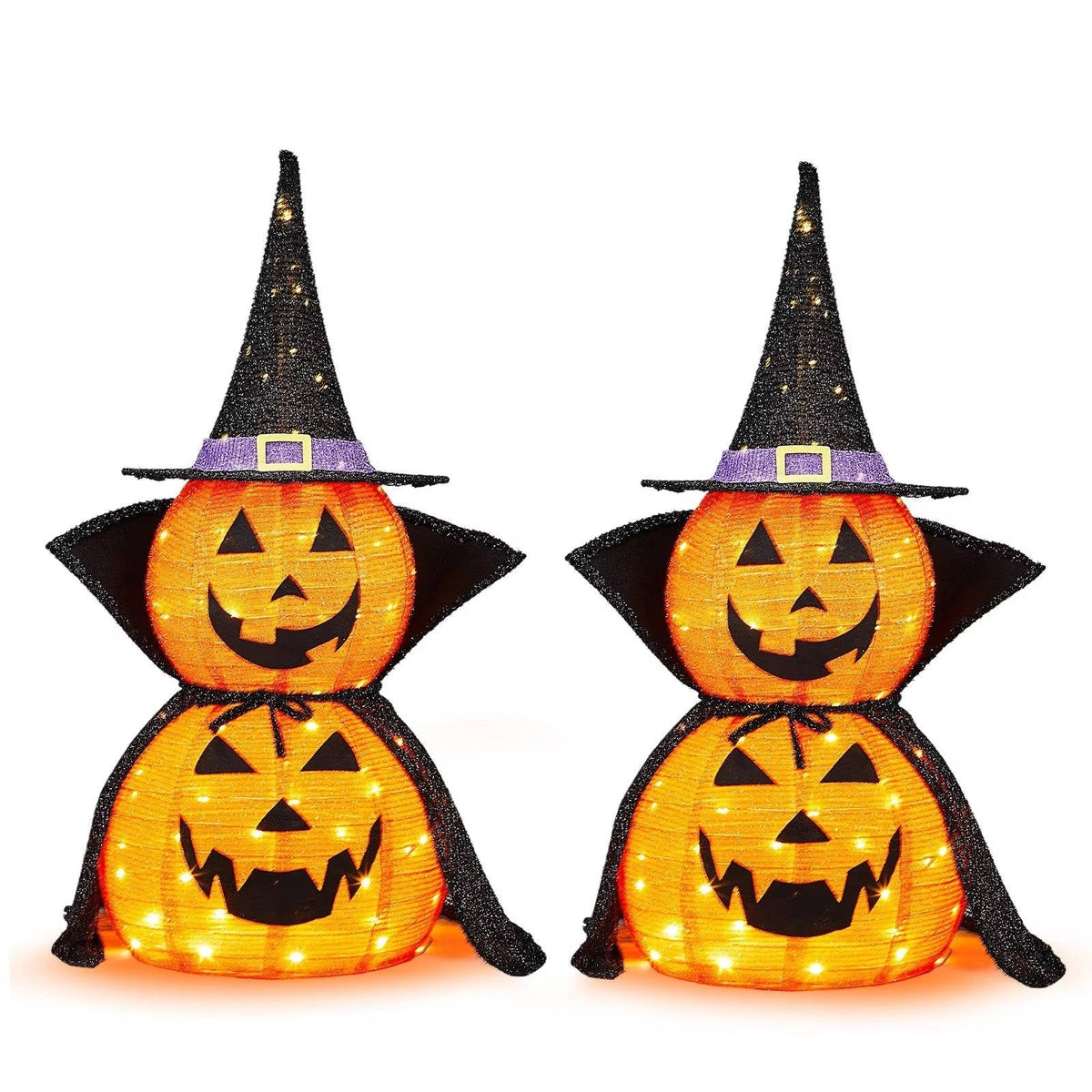 Glowing 3 ft LED Jack-O'-Lantern with Wizard Hat – Set of 2 Foldable Outdoor Halloween Yard Figures for Lawn, Porch & Indoor Party Displays | Thomler