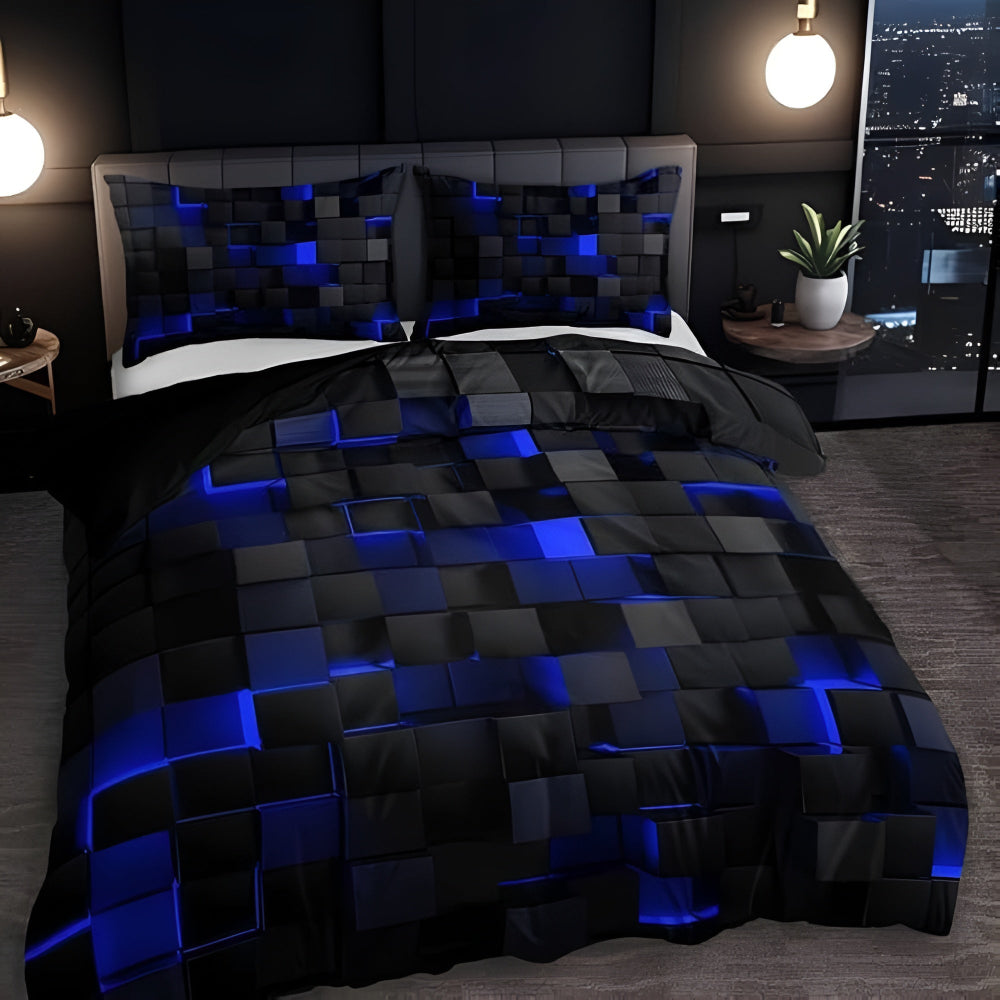 3-Piece Neon Grid Duvet Cover Set – Geometric Microfiber Bedding for Year-Round Comfort – Twin, Full, Queen, King Sizes – Modern Gaming | Thomler