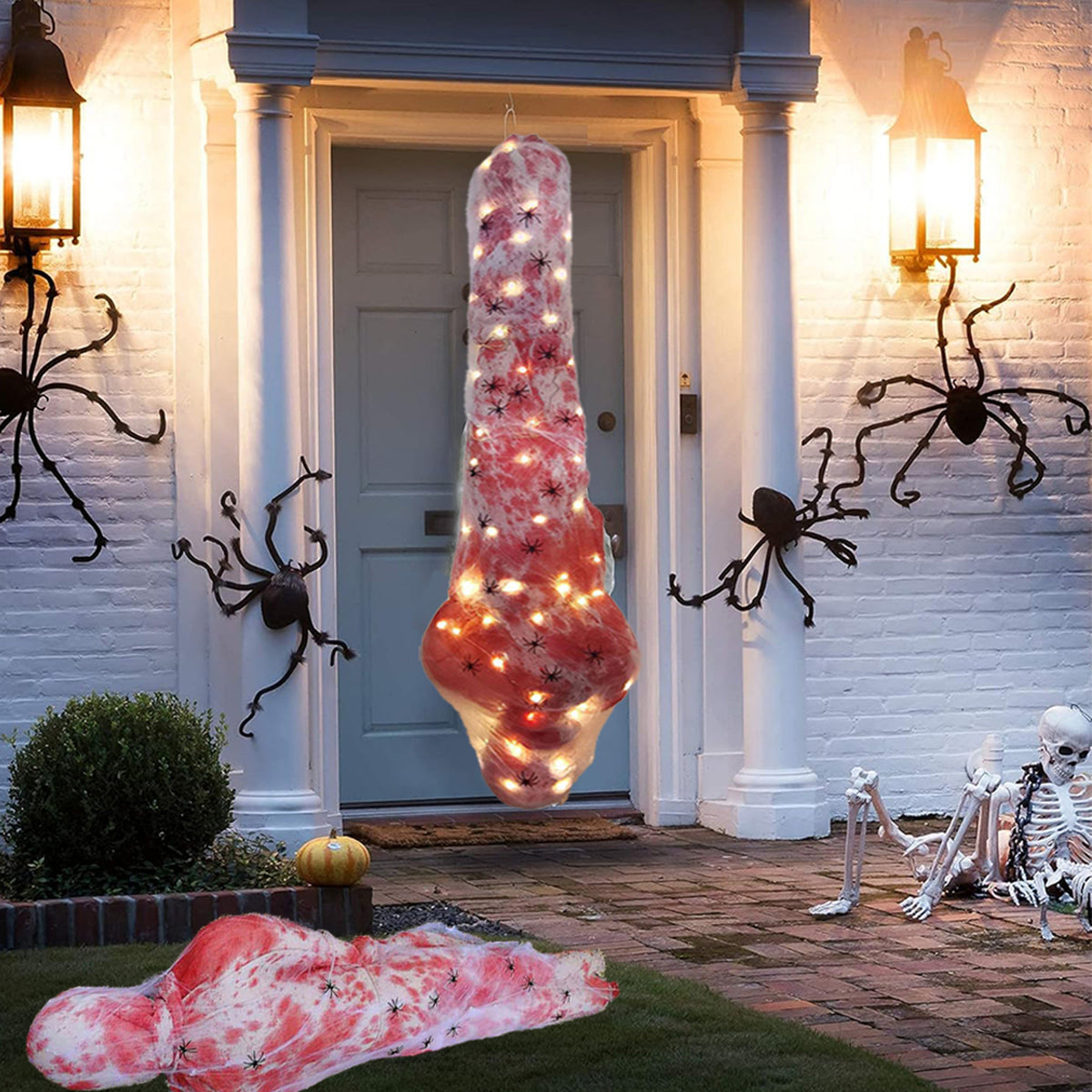 59-Inch Suspended Skeleton Wrapped in Webbed Shroud with Built-In Warm LED Strand – Hanging Halloween Prop for Porch, Yard, Tree Display | Thomler