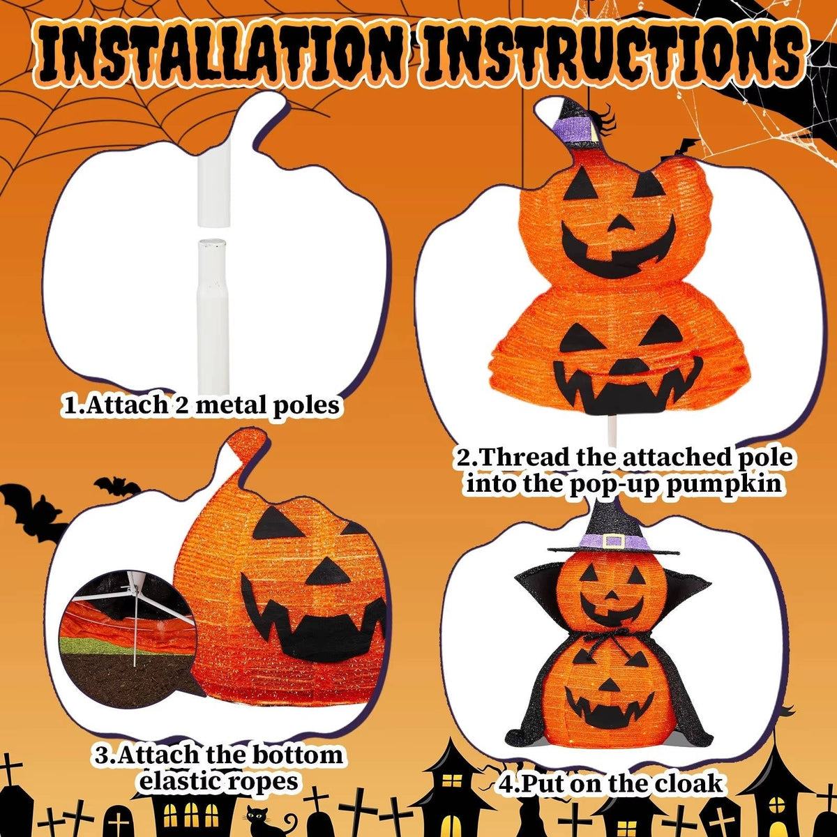 Glowing 3 ft LED Jack-O'-Lantern with Wizard Hat – Set of 2 Foldable Outdoor Halloween Yard Figures for Lawn, Porch & Indoor Party Displays | Thomler