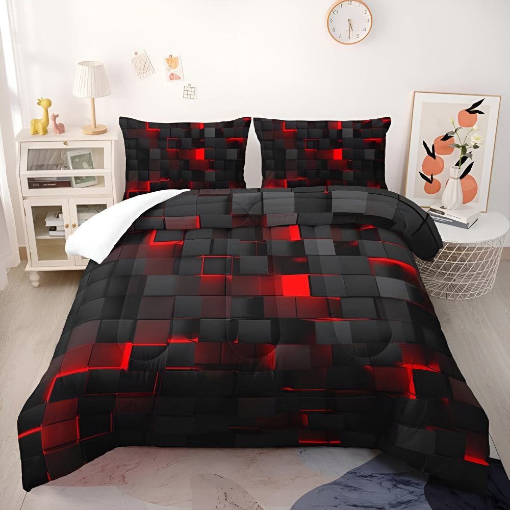 3-Piece Neon Grid Duvet Cover Set – Geometric Microfiber Bedding for Year-Round Comfort – Twin, Full, Queen, King Sizes – Modern Gaming | Thomler