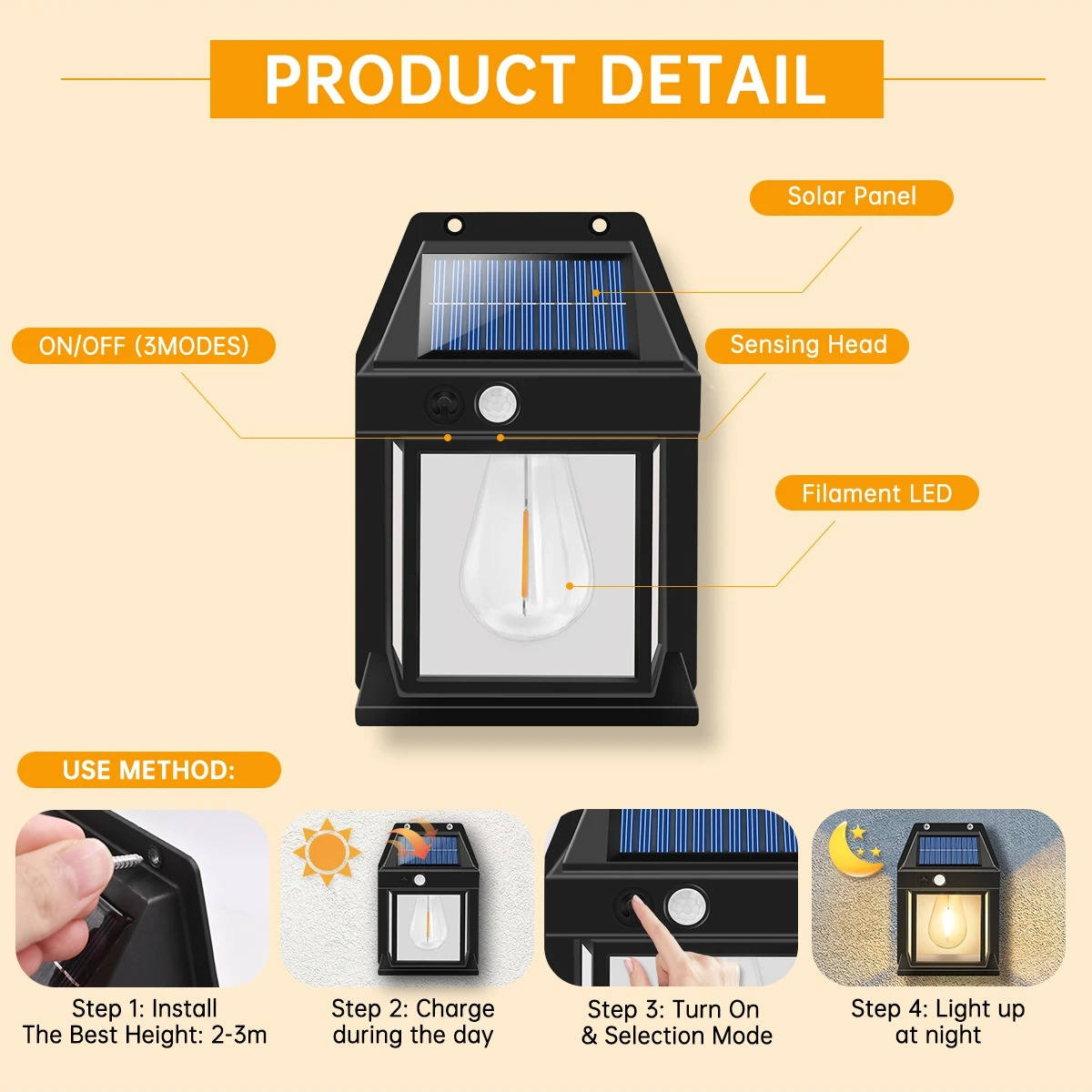 Motion-Activated Solar Outdoor Sconce with 3 Brightness Settings – Weatherproof Garden Security Light – 2-Pack | Thomler