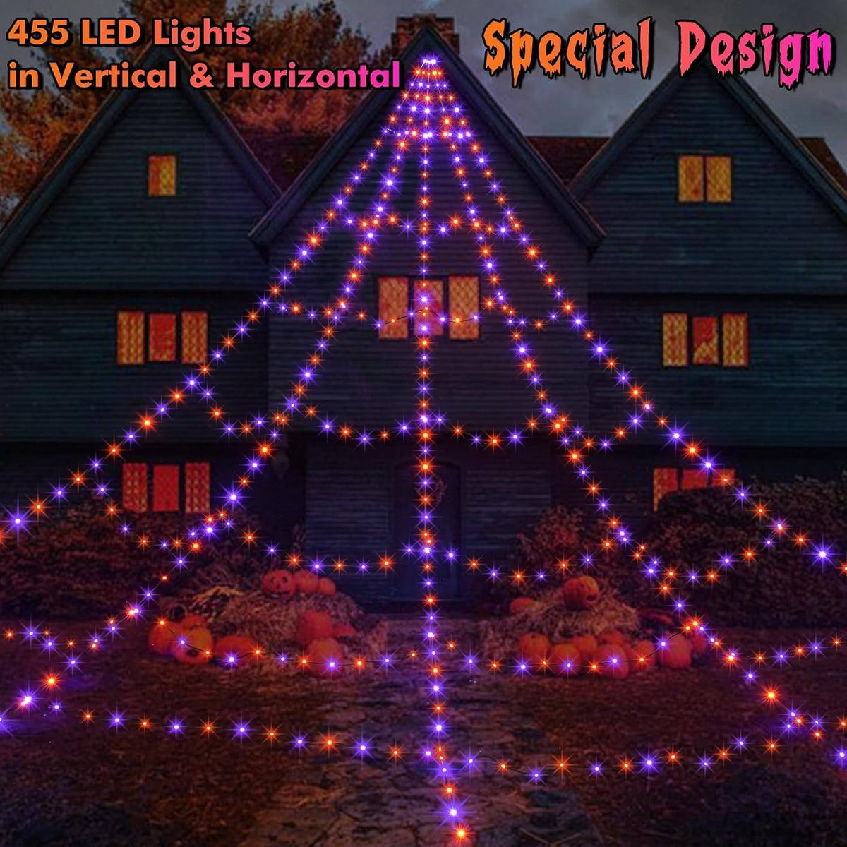 16 ft Illuminated Web Decoration with 455 LEDs, 8 Modes & Remote Control for Halloween | Thomler