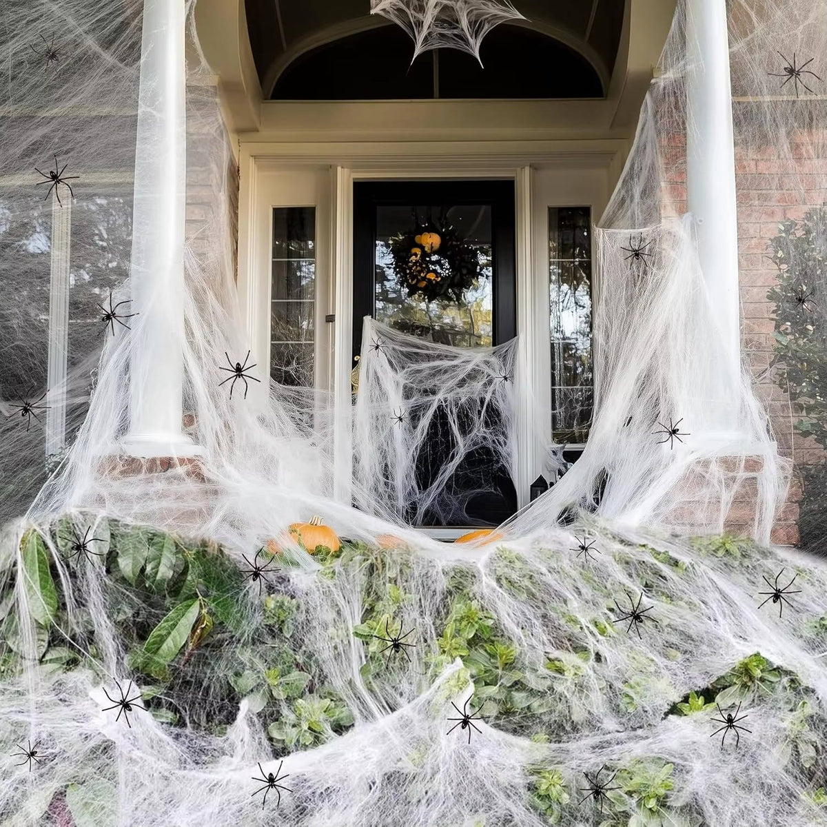 Stretchable Cobweb Set with 9 Plastic Spiders for Indoor & Outdoor Halloween Display – Covers 200 Sq Ft – Reusable Synthetic Web Material | Thomler
