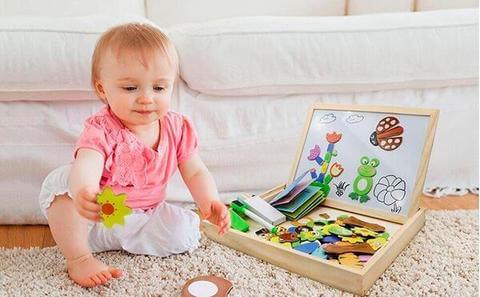 Double-Sided Wooden Drawing & Puzzle Board for Kids – Magnetic Pieces, Dry-Erase & Chalkboard, Travel Storage Case | Thomler