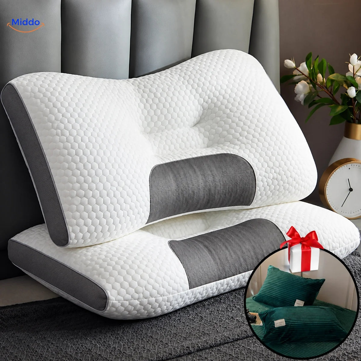 Cervical Support Pillow for Back & Side Sleepers with 2 Free Velvet Covers | Thomler
