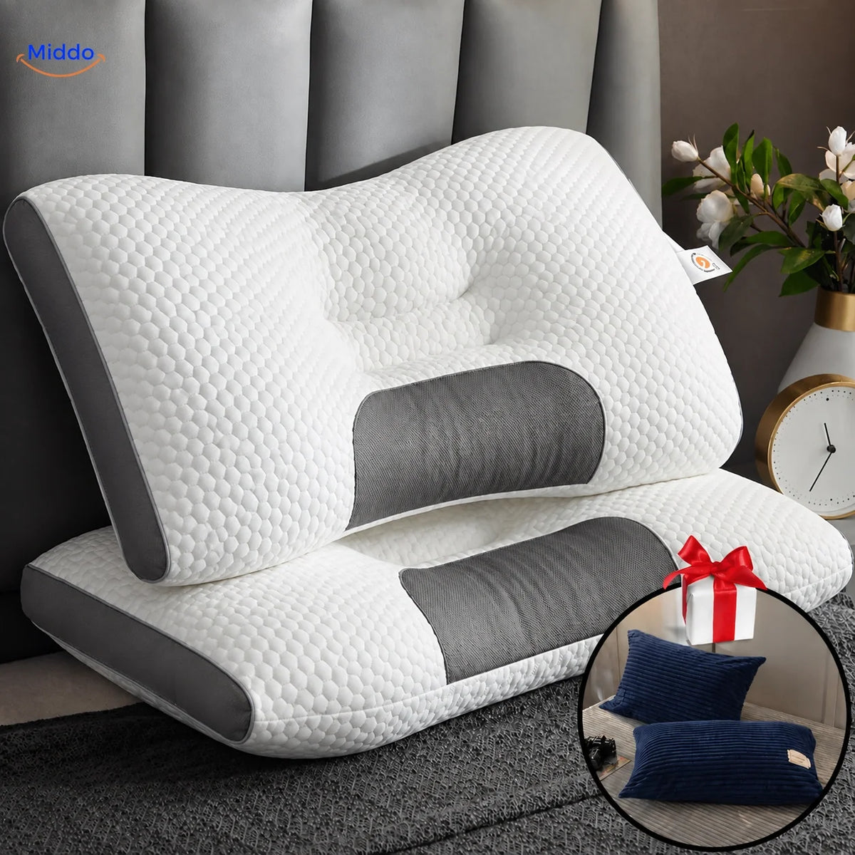 Cervical Support Pillow for Back & Side Sleepers with 2 Free Velvet Covers | Thomler