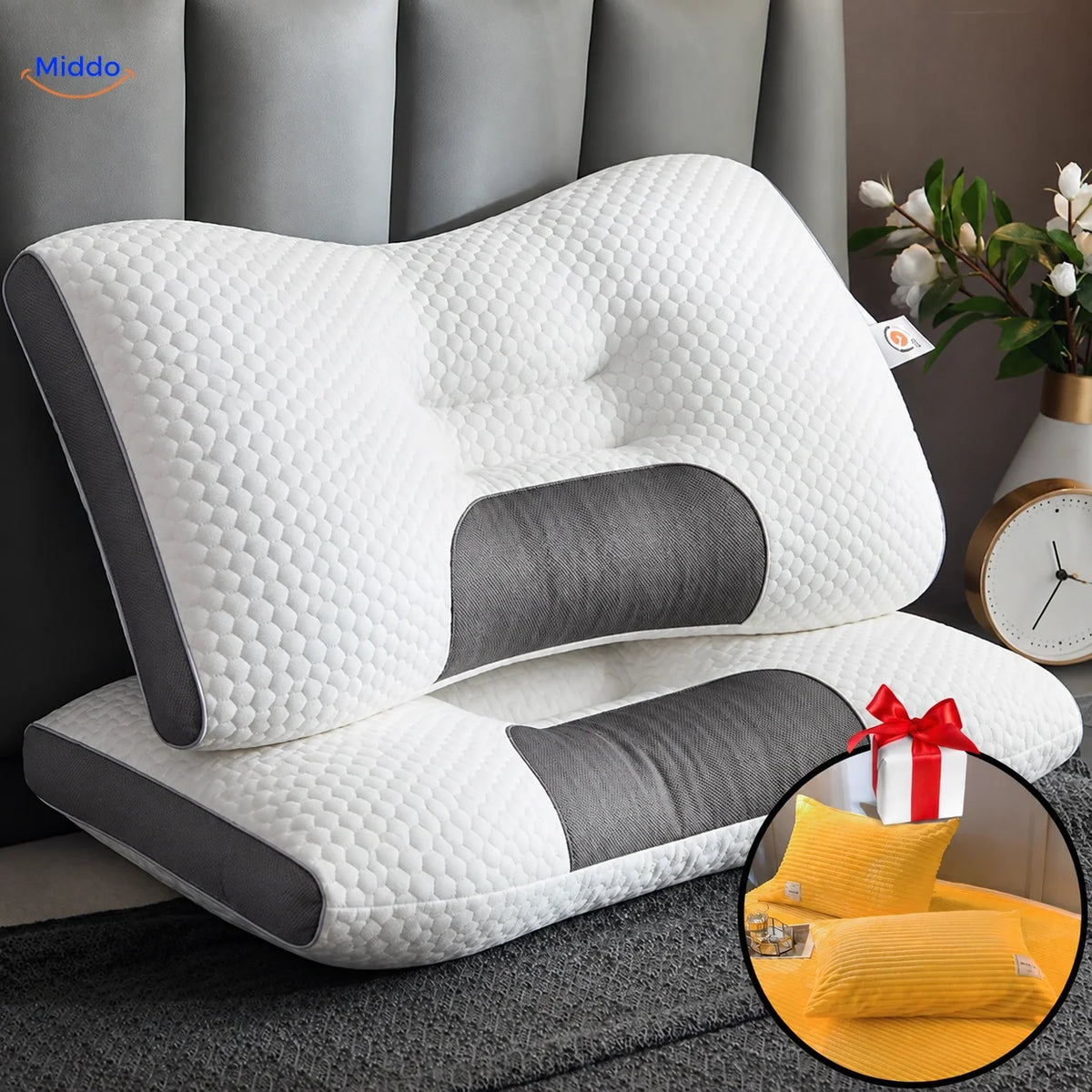 Cervical Support Pillow for Back & Side Sleepers with 2 Free Velvet Covers | Thomler