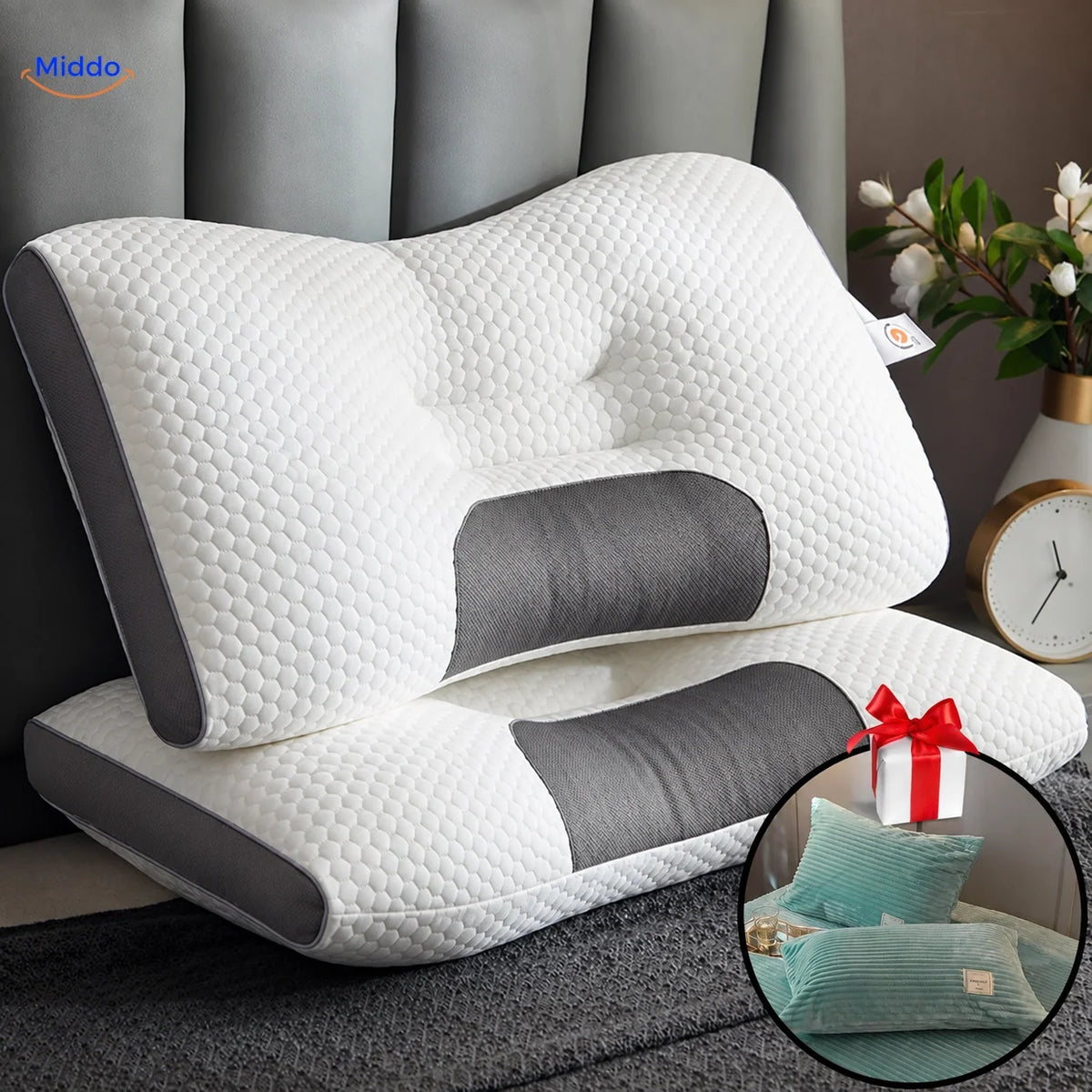 Cervical Support Pillow for Back & Side Sleepers with 2 Free Velvet Covers | Thomler