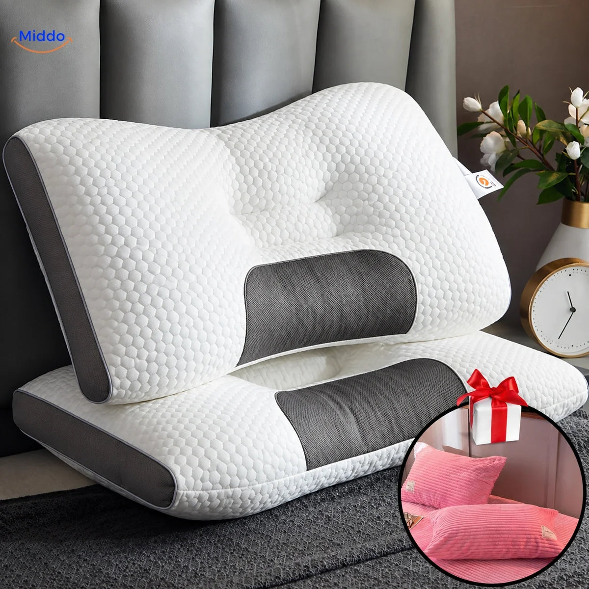 Cervical Support Pillow for Back & Side Sleepers with 2 Free Velvet Covers | Thomler