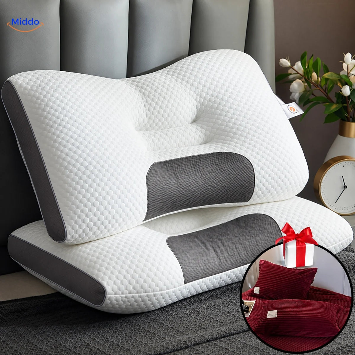 Cervical Support Pillow for Back & Side Sleepers with 2 Free Velvet Covers | Thomler