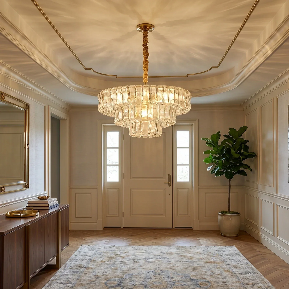 Textured Glass Round Chandelier with Curved Panels in Metallic Finish for Dining Room & Living Room | 24 to 60 Inch | Thomler