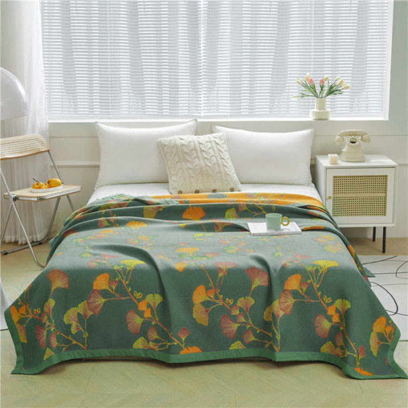 Reversible Cotton Throw Blanket with Ginkgo Leaf Pattern – Lightweight Summer Quilt for Bed, Sofa & Travel | Thomler