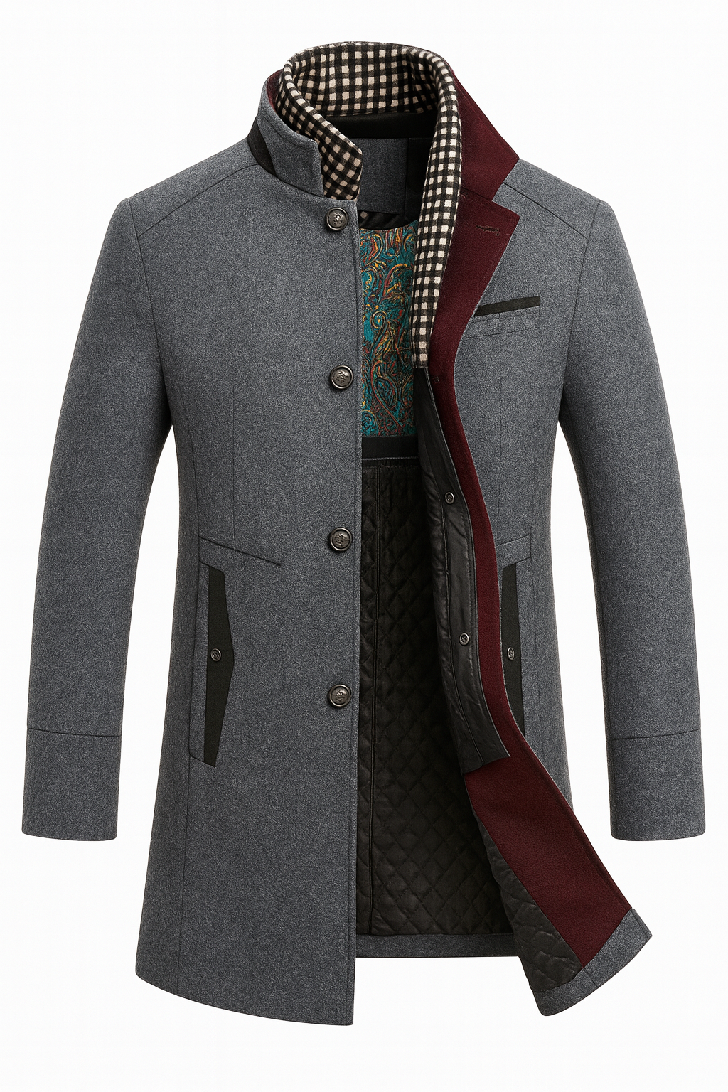Men's Insulated Topcoat with Stand Collar & Quilted Interior – Classic Mid-Length Outerwear for Business & Casual | Thomler