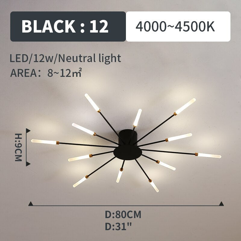 Starburst Flush Mount Ceiling Light Black Gold Modern Firework LED Fixture Bedroom Living Room Natural White Hardwired Indoor | Thomler