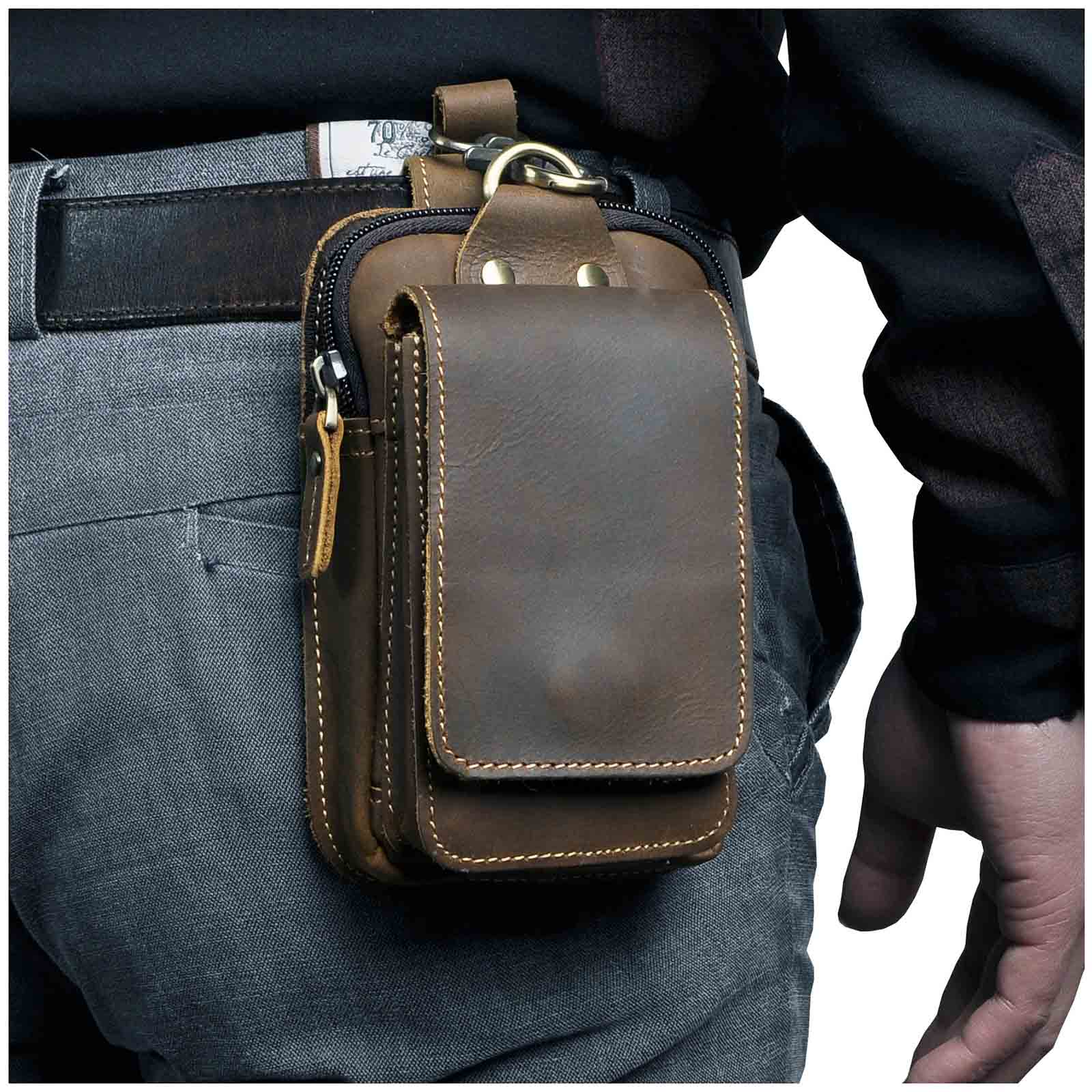 Full-Grain Cowhide Belt Pouch for Men | Zippered Compartment & Magnetic Closure | Adjustable Elastic Strap | Hands-Free Carry for Travel, Co | Thomler