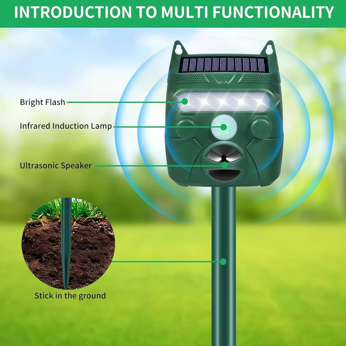 Outdoor Motion-Activated Sonic Wildlife Deterrent – Solar Rechargeable, Waterproof Barrier for Yard & Garden – Covers 1200 Sq Ft | Thomler