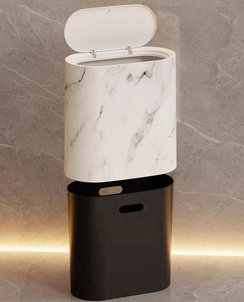 Push-Top Waste Basket with Marble-Look Finish – Slim Oval Design for Small Bathrooms, Bedrooms & Home Offices | Thomler