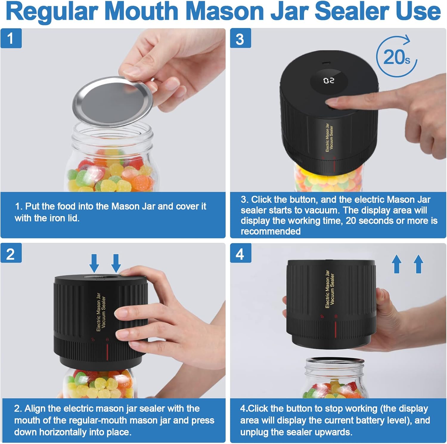 Handheld Vacuum Sealer for Mason Jars – Wide & Regular Mouth Jar Sealer for Dry Goods, Herbs & Pantry Organization – One-Touch Food Storage | Thomler