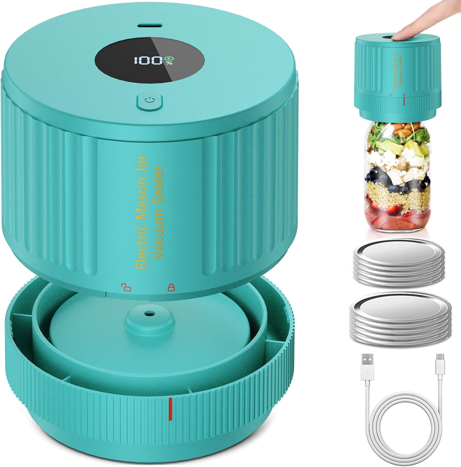 Handheld Vacuum Sealer for Mason Jars – Wide & Regular Mouth Jar Sealer for Dry Goods, Herbs & Pantry Organization – One-Touch Food Storage | Thomler