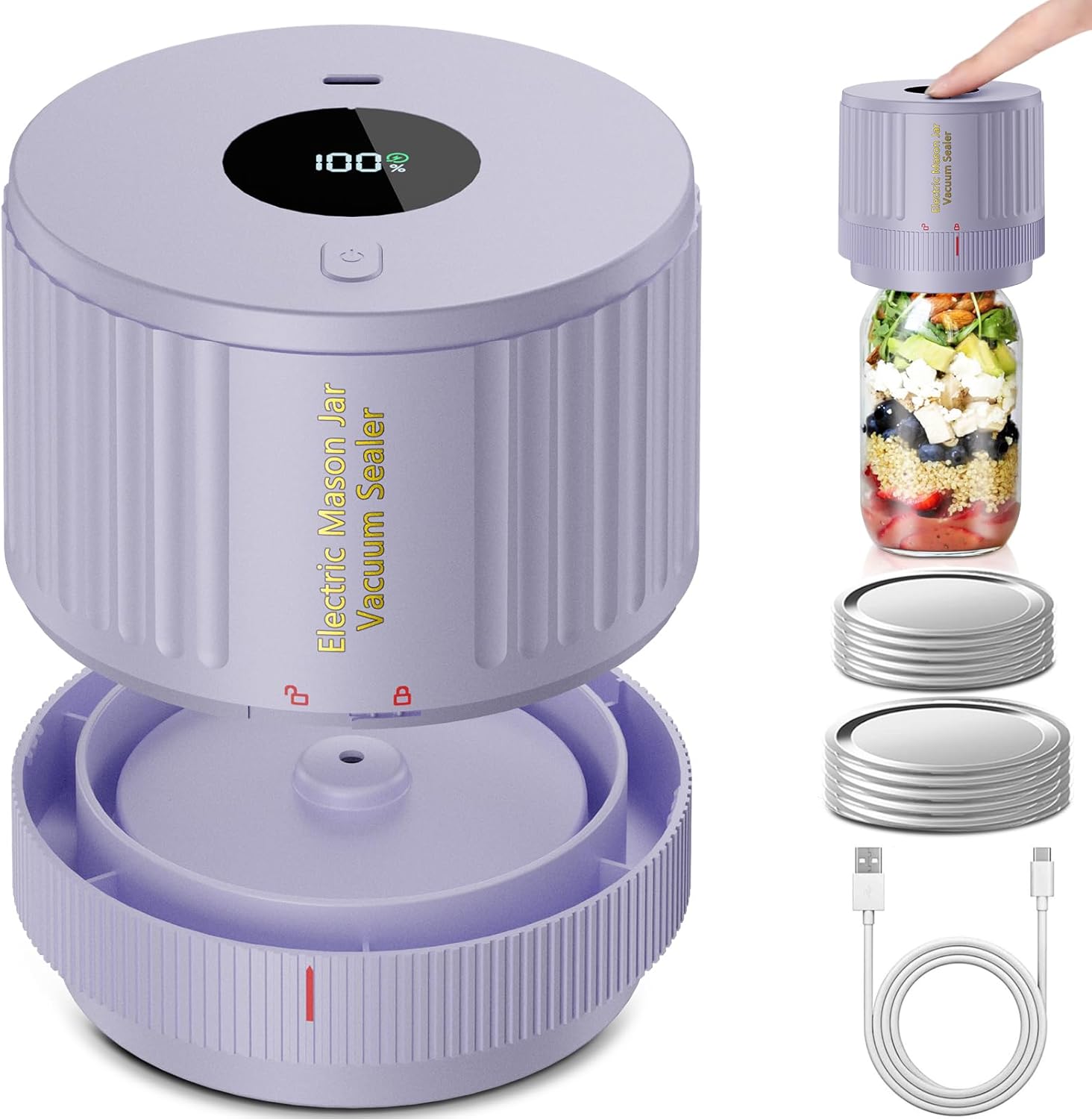 Handheld Vacuum Sealer for Mason Jars – Wide & Regular Mouth Jar Sealer for Dry Goods, Herbs & Pantry Organization – One-Touch Food Storage | Thomler