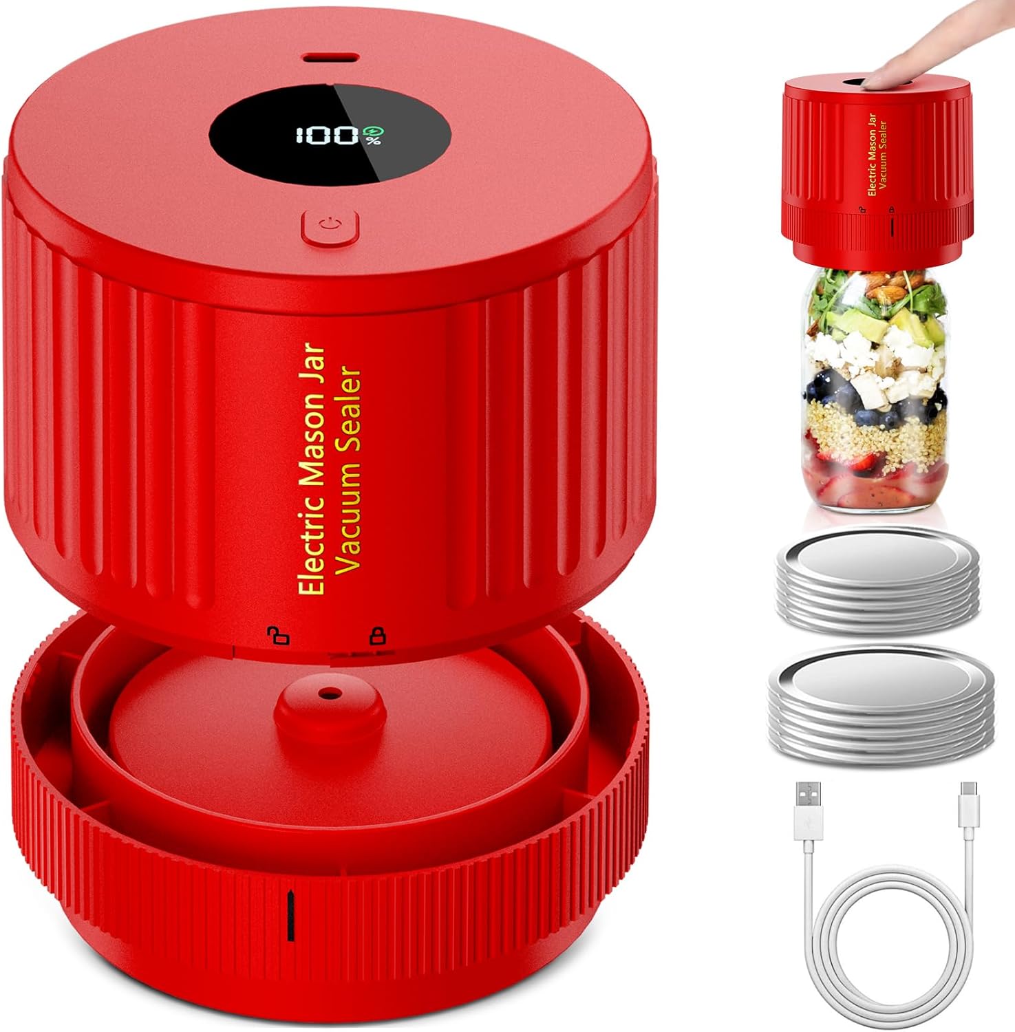 Handheld Vacuum Sealer for Mason Jars – Wide & Regular Mouth Jar Sealer for Dry Goods, Herbs & Pantry Organization – One-Touch Food Storage | Thomler