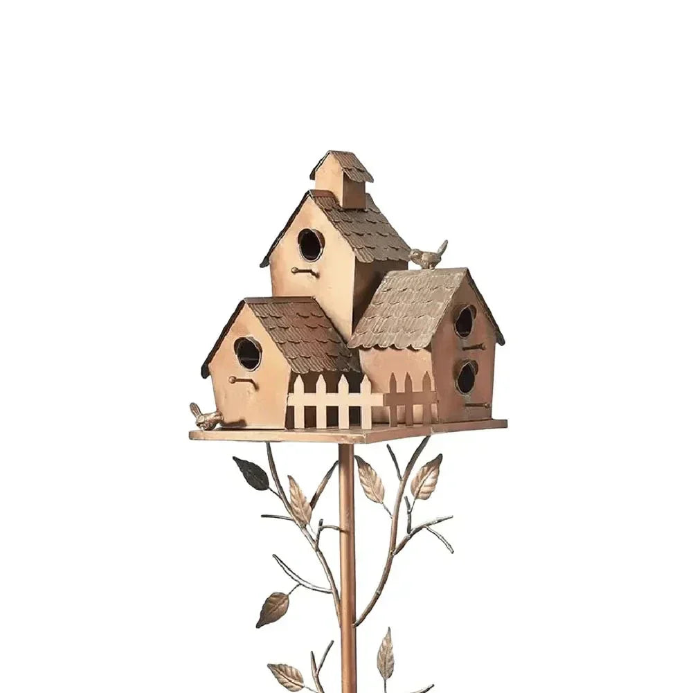 Metal Post-Mounted Bird Nesting House for Backyard Wildlife Habitat | Decorative Freestanding Garden Stake Feeder Station for Songbirds | Thomler