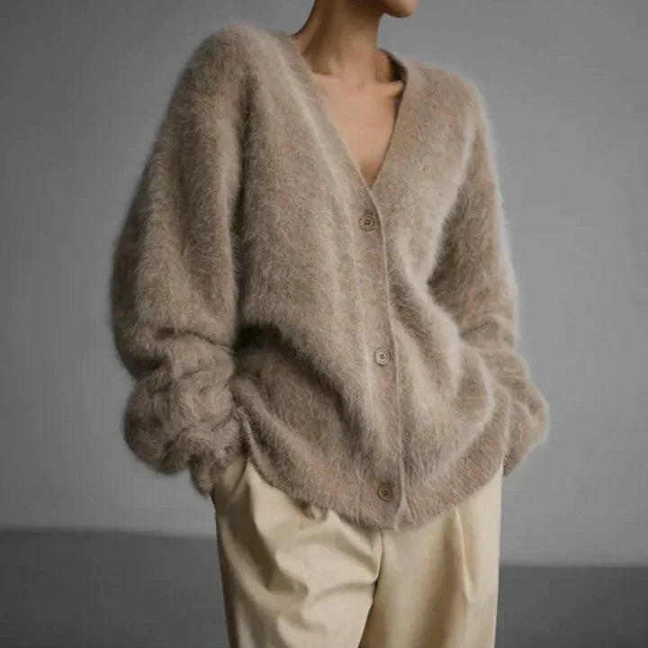 Cloud-Soft Button-Up Knit Sweater with Deep V-Neck & Slouchy Sleeves – Women's Relaxed Oversized Cardigan for Layering | Thomler