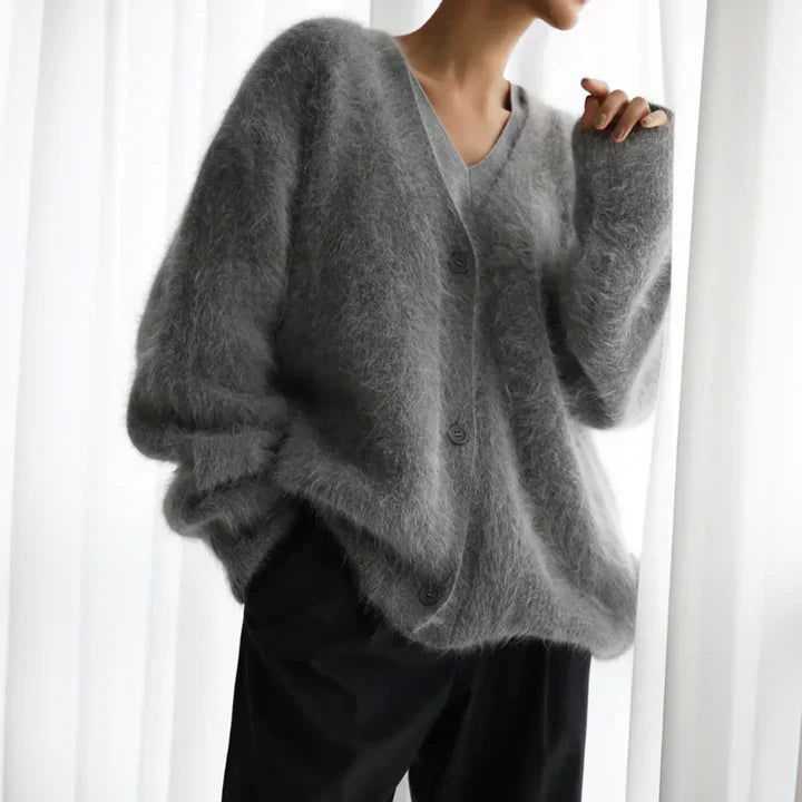 Cloud-Soft Button-Up Knit Sweater with Deep V-Neck & Slouchy Sleeves – Women's Relaxed Oversized Cardigan for Layering | Thomler
