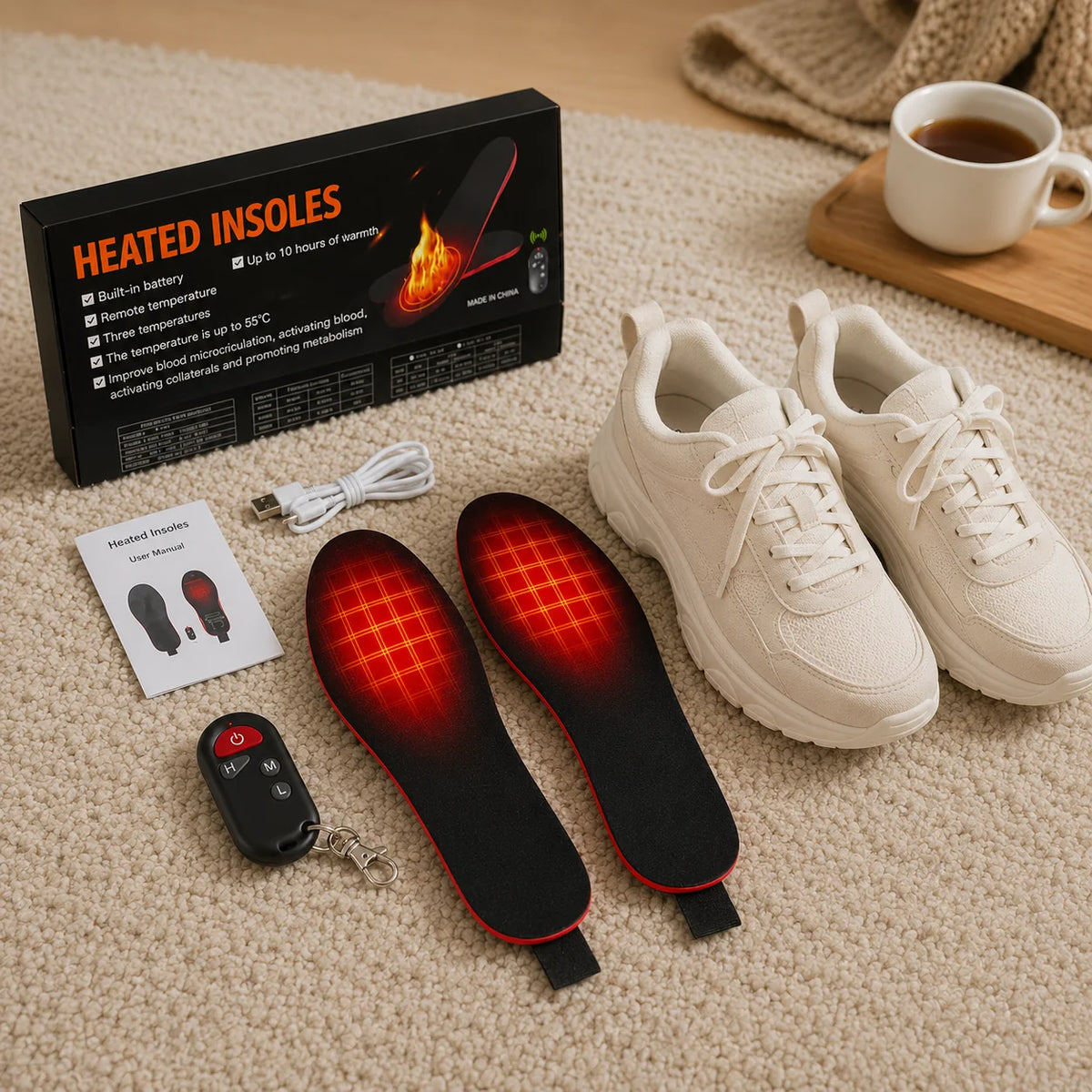 Rechargeable Heated Insoles with Wireless Remote for Cold Weather Warmth – Adjustable Temperature Foot Warmers for Winter Boots, Sneakers | Thomler