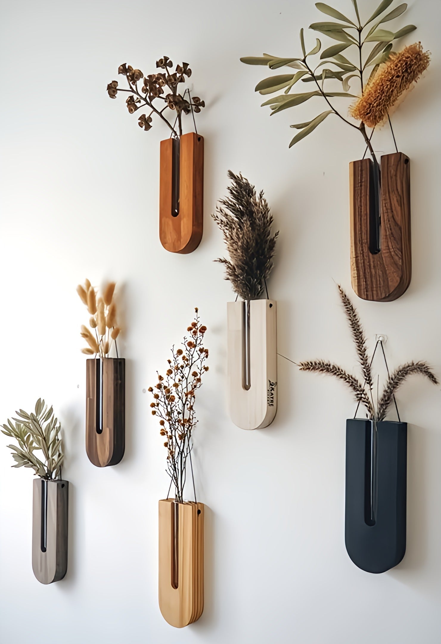 Wall Planter Pine Wood Set Of 7 Vertical Indoor Plant Holders For Dried Flowers And Succulents | Thomler