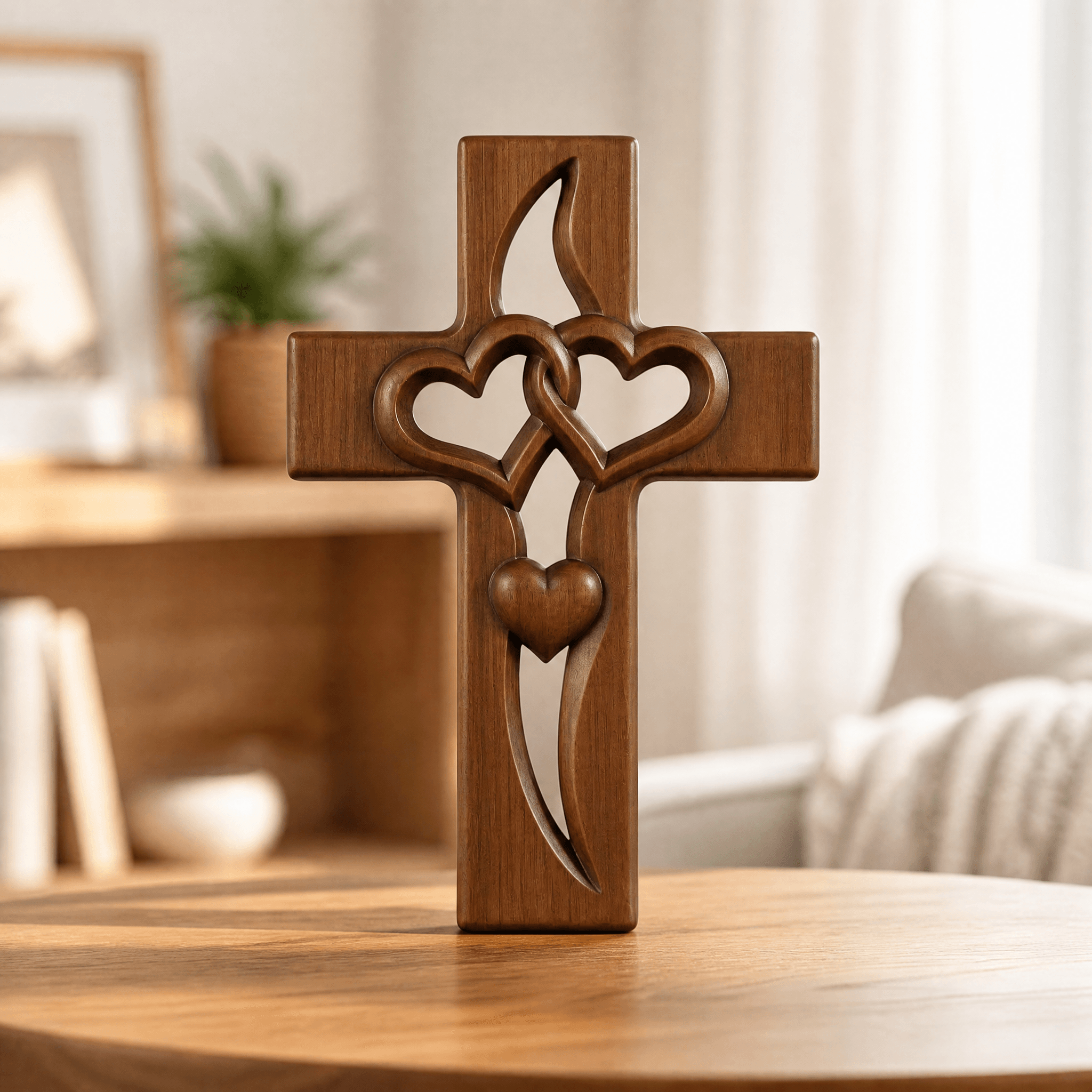 Wooden Cross Wall Art with Dual Hearts for Living Room Bedroom Entryway Faith Decor Handcrafted Religious Symbol | Thomler