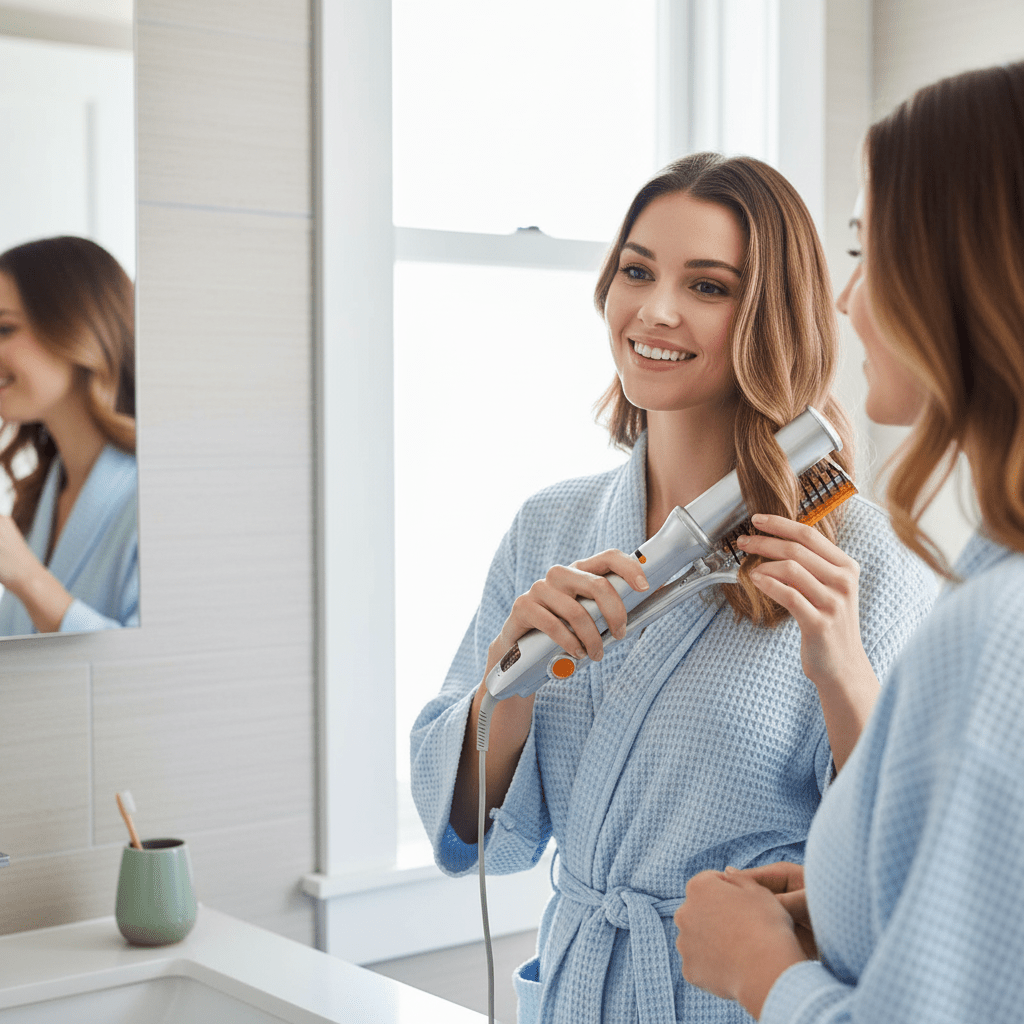 Heated Ceramic Barrel Hair Styler with Auto-Rotate Brush & 3 Temperature Settings for Volume and Curls | Thomler