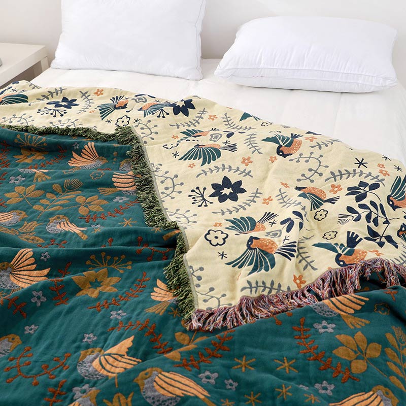 Reversible Cotton Throw Blanket with Woven Bird & Floral Pattern, Tasseled Edge for Couch, Sofa, Bed – Double-Sided Bohemian Home Accent | Thomler