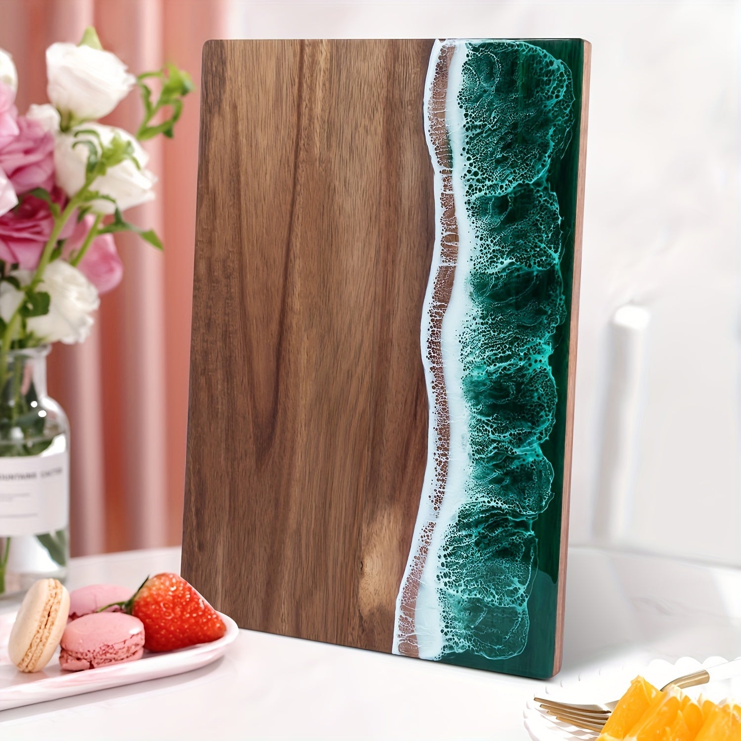 Acacia Wood Serving Board with Resin Wave Inlay 18x9 Inch Coastal Charcuterie Tray for Cheese Fruit Bread Kitchen Decor | Thomler