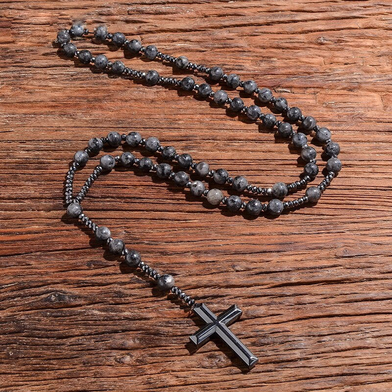 Stone Bead Prayer Chain – Adjustable Gemstone Pendant for Men with Cross Accent | Thomler