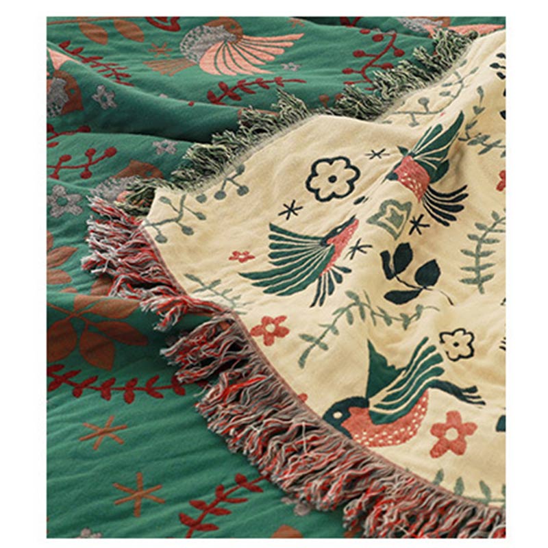 Reversible Cotton Throw Blanket with Woven Bird & Floral Pattern, Tasseled Edge for Couch, Sofa, Bed – Double-Sided Bohemian Home Accent | Thomler